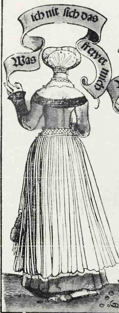 Woodcut of German woman wearing an overskirt