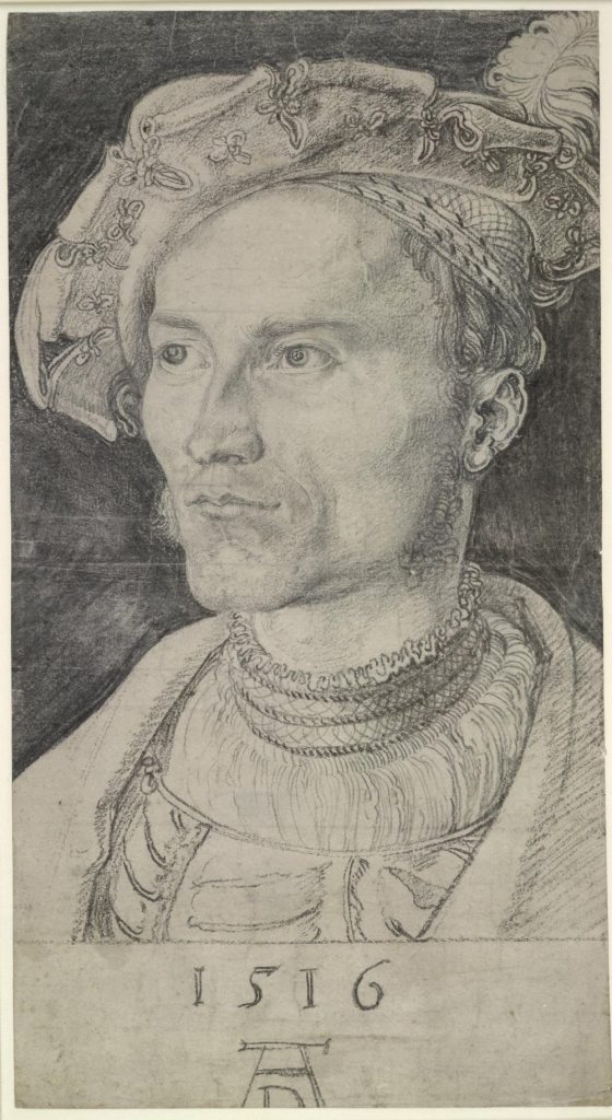 Drawing of man wearing a 16th century German hat and haornet, with the date 1516