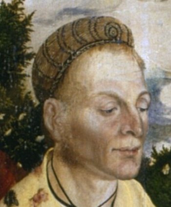 Painting of man wearing 16th century German hairnet