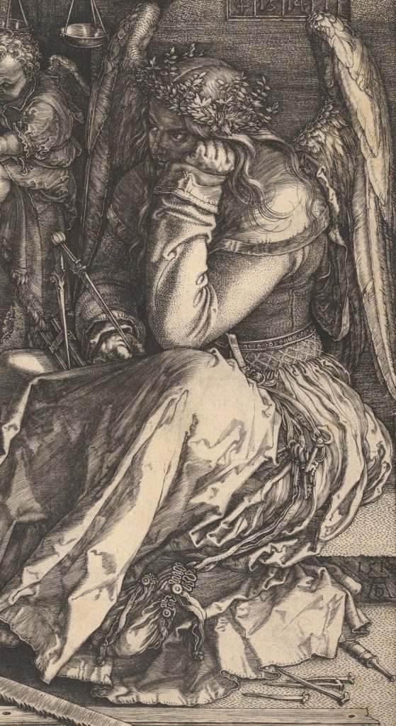 Woodcut of seated woman wearing overskirt