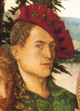 Painting of man in 16th century hairnet and slashed hat