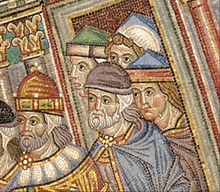 Detail of mosaic showing people in hats with two colours