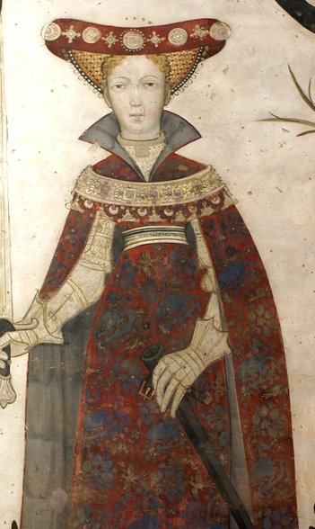 Fresco of woman wearing wide roll headdress