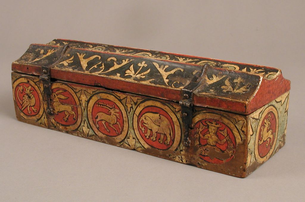 Reactangular box with hinged lid, painted with medieval animals