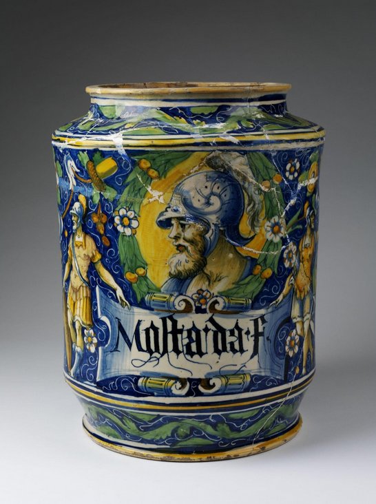 Ceramic jar with the word 'Mostarda' and Roman style decoration
