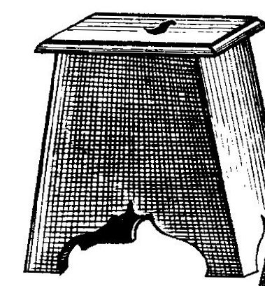 Woodcut of stool with slanted solid sides and slot in top