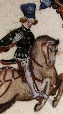 Manuscript painting of man on horse, wearing belt with bells hanging down