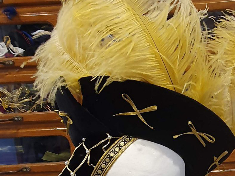Black hat with tall yellow feathers, over a black velvet undercap with gold net
