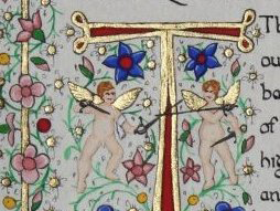Painting of two cherubs fencing, with flowers and a letter T in gold