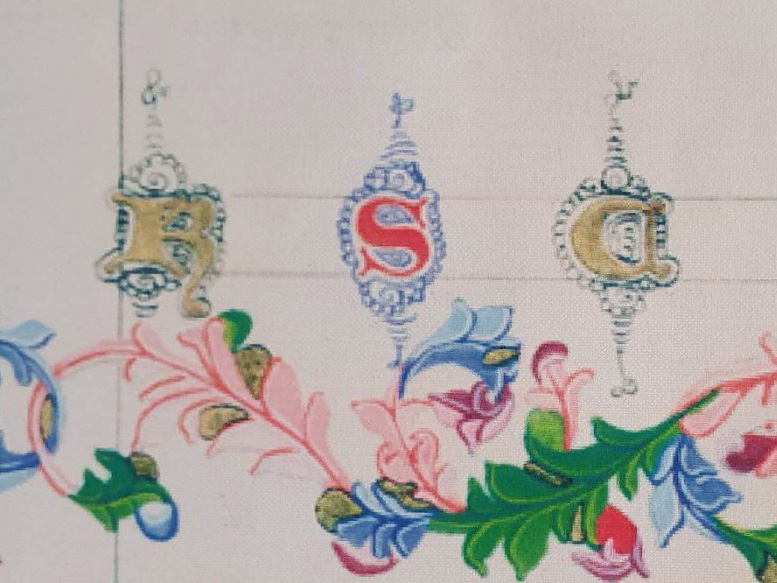 Painting in mediveal style of letters KSCA with ornate foliage