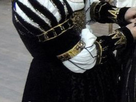Woman's arm wearing a sleeve in black velvet and decorated with many slashes and gold brocade