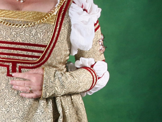 Woman's torso wearing a German gown in gold brocade with fine red velvet ribbon decoration