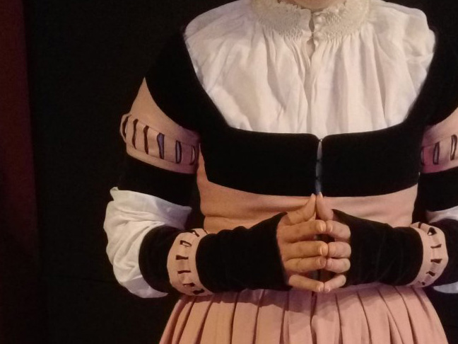 Woman's torso wearing a pink German gown with contrast banding and many small decorative slashes on the sleeves