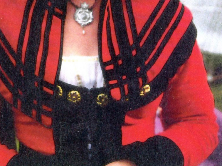 Woman's torso wearing German gown with contrast banding on the neck, opening and cuffs