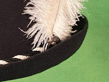 Part of a hat with a turned up brim, twisted cord hatband and feather
