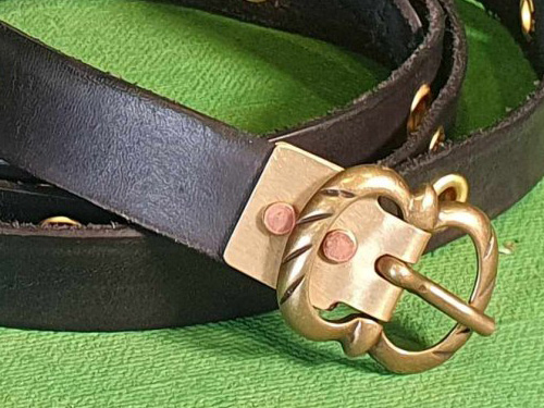 Black leather belt with double brass buckle and eyelets